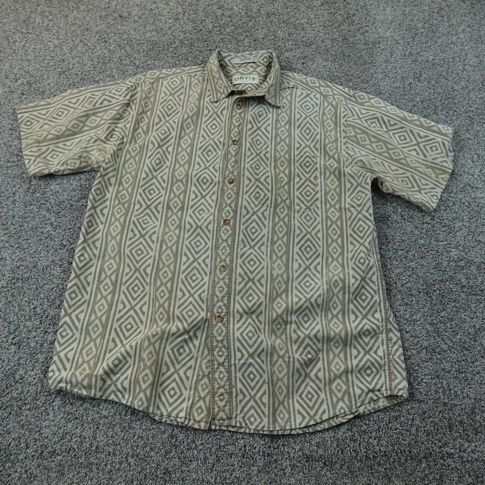 Orvis Shirt Mens L Tan Beige Geometric Diamond Tiki Print Short Sleeve Button Up